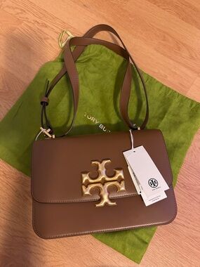 Tory Burch Brown Leather Shoulder Bag with Gold Logo Accent